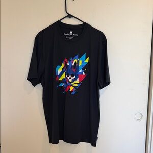Psycho Bunny Black Tee with Multicolor Geometric Bunny Logo